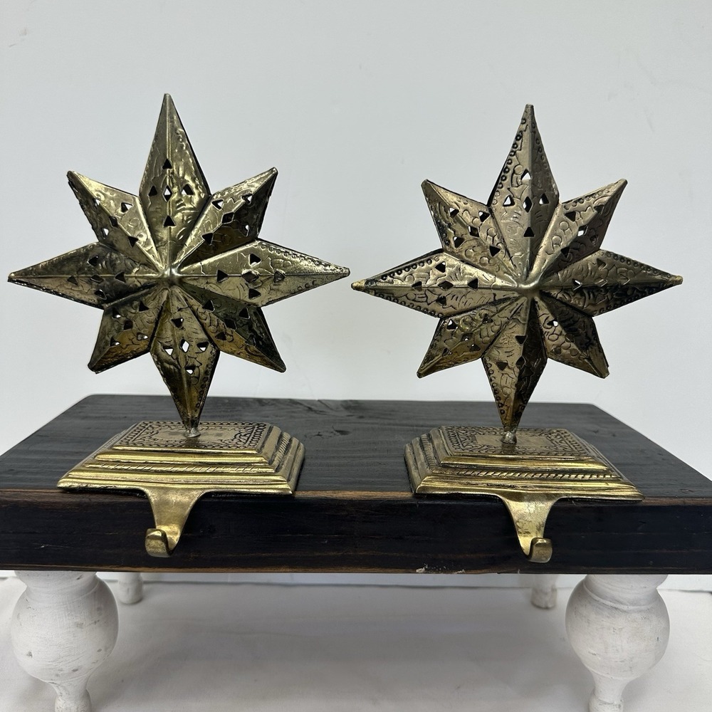 Set 2 Vintage Brass Christmas Star Stocking Holder Antiqued Gold Punched Hole 3D